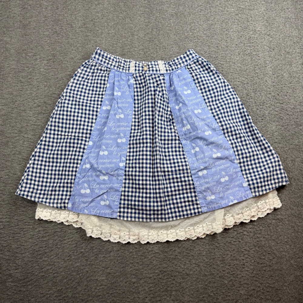 Axes Femme Skirt Kids 150 Blue Gingham‎ Cherry Lace Cottagecore Pockets